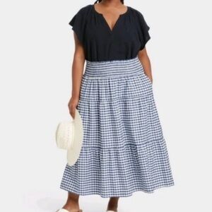 4X Plus Size Cotton Skirt High-Rise Tiered Midi A-line Blue White Checkered NEW‎